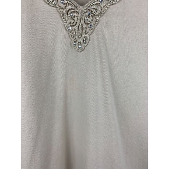 Susan Graver Beige Short Sleeve Top With Embellished V-Neck & Gem Details - Picture 5 of 5